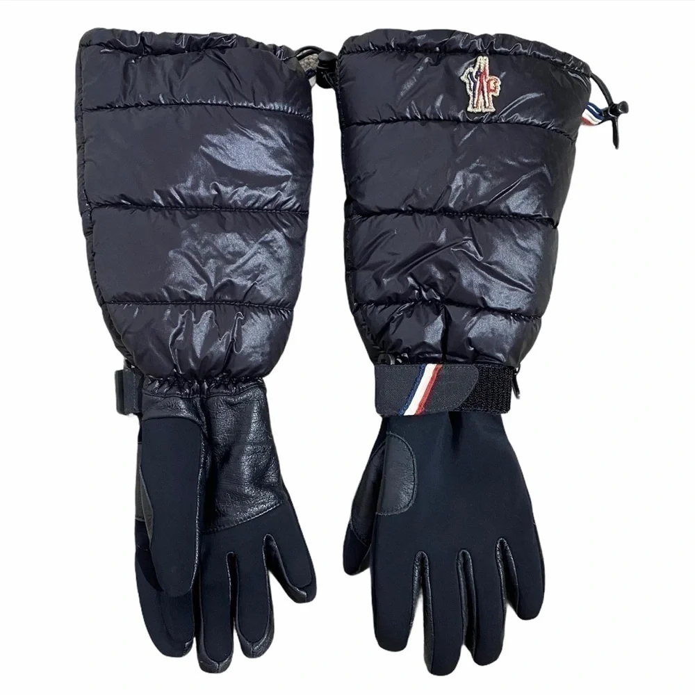 MONCLER Black Long Leather down Puffer Gloves